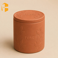 Pot à bougie en céramique minimaliste FUBEI LIVING avec motif de feuille en relief, couvercle assorti en relief, porcelaine beige mate, bougie parfumée à la cire de soja
