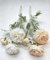 Bunga Sutra Premium Peony & Ranunculus 3 Tangkai Bunga Palsu Realistis untuk Dekorasi Pernikahan & Rumah Grosir