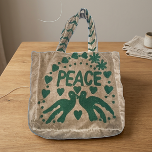 Wholesale Custom Handmade Brown Velvet Tote <b>Bag</b> Featuring Dark Green PEACE Lettering Doves Hearts and Floral Applique Embroidery - Product Image 1