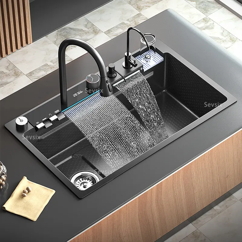 Sol sağ 304 paslanmaz çelik mutfak lavaboları petek kabartma tek kase nano siyah İşlevli mutfak lavabo şelale