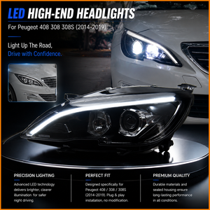 Pour Peugeot <span class=keywords><strong>308</strong></span> 408 2014-2019 : Ensemble de phares Bi-LED avec double lentille de projecteur, mise à niveau Full LED DRL, <span class=keywords><strong>phare</strong></span> dynamique séquentiel - Product Image 1
