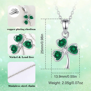 Collana Changda per il Giorno di San Patrizio, Ciondolo Quadrifoglio Portafortuna, Zirconia Cubica Verde, Placcato in Rodio, Catena a Maglie, Gioiello Celtico - Product Image 2