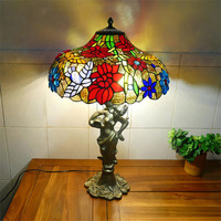 Lámpara de Mesa con Base de Resina y Estatua de Dama Estilo Retro Americano, para Sala de Estar, Hotel, Bar, Decoración con Vidrio de Colores y Flores
