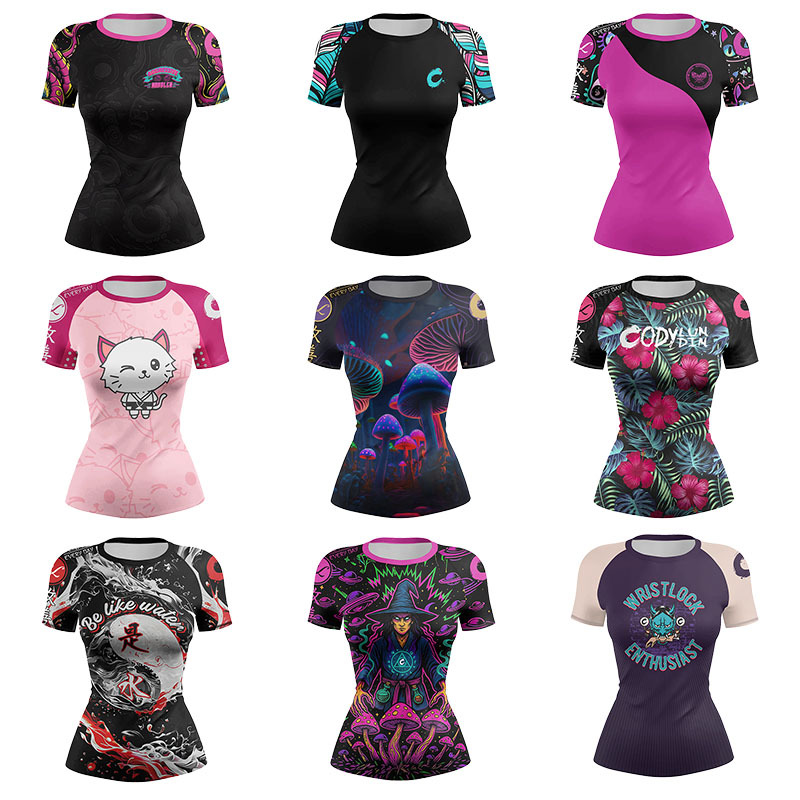 Wholesale Digital Printed Women Short Sleeve Gym Sports Rash Guard UPF 50+ Compression Surfing Yoga T Shirt for Custom Logo
