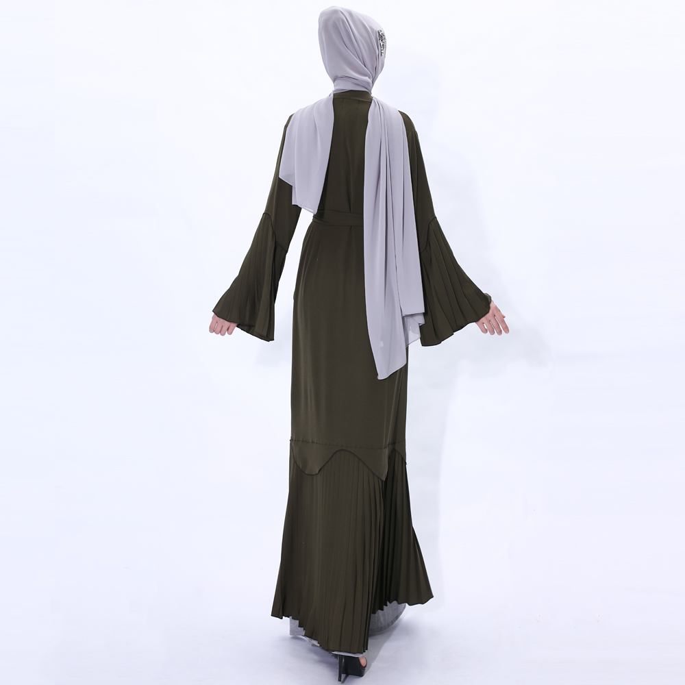 Muslim Women Abaya Dress Long Sleeve Robe Cardigan with belt Design Trumpet pleated Sleeve Lady Long Sleeve Maxi Dress 91225