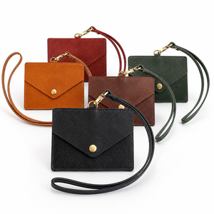 Custom Genuine Leather ID Card Holder with Detachable Wrist Strap Clear ID Window Snap Closure Slim <strong>Badge</strong> <strong>Wallet</strong> for Men Women - Product Image 1