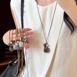 Collar de cuerda trenzada de aleación con perlas para mujer, estilo vintage, con piedra ojo de tigre <span class=keywords><strong>chino</strong></span>, <span class=keywords><strong>cadena</strong></span> larga para colgar en el cuello, disponible. - Product Image 1