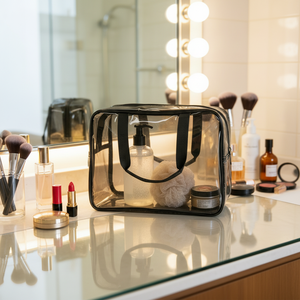 Sac de toilette transparent approuvé par la TSA, vente en gros, sac de maquillage en PVC noir étanche pour les <span class=keywords><strong>voyages</strong></span>, les séjours à l'hôtel, les vols, les essentiels - Product Image 1