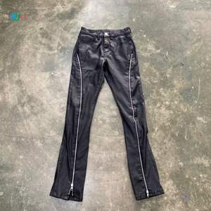 جينز شمع من جلد البولي يوريثلين بتصميم مخصص بنطال جينز واسع مكدس جينز رجالي نحيف بسحاب مطلية بالشمع الجينز الدنيم - Product Image 3