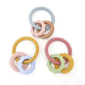 Wholesale BPA Free Animal Wood Ring Silicone Bracelet Baby Teething Toy Rattle Silicone Teethers For Babies