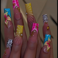 Faux ongles à presser en gros, faits main, en acrylique, carrés moyens, style 'Duck', dégradé rose-jaune, avec découpe, faux ongles français, couvrance totale 3D