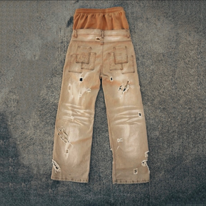 Tùy chỉnh giản dị đôi-eo-top phong cách của nam giới thẳng rửa thêu đau khổ Nâu vải quần với lỗ - Product Image 2