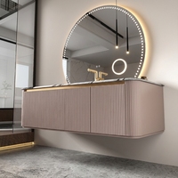 Meuble-lavabo mural haut de gamme avec comptoir en céramique marbrée, miroir intelligent inclus, rangement en aluminium alvéolé pour salle à manger