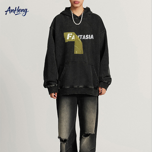 420G Heavyweight Cotton Hoodie <b>Men</b> Vintage Washed Oversized Streetwear <b>Pullover</b> Cracked Graphic Print Custom OEM Supplier - Product Image 1