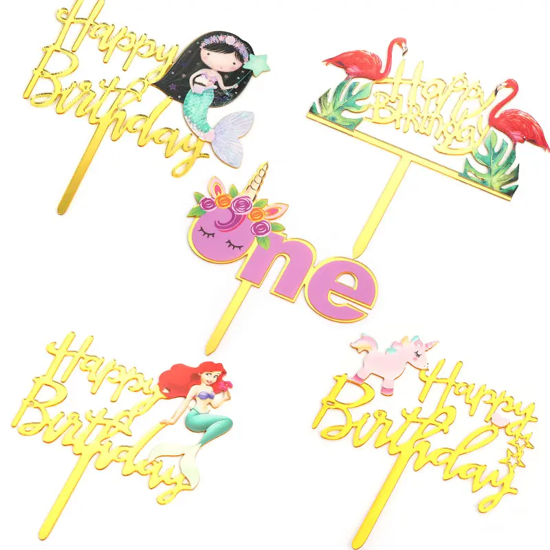 Großhandel benutzer definierte Cartoon Cupcake Kuchen Dekorationen liefert Meerjungfrau Flamingo Einhorn ein Acryl alles Gute zum Geburtstag Cake Toppers