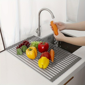 Estante de drenaje plegable para fregadero de cocina, estante de arreglo de frutas y verduras de silicona de acero inoxidable - Product Image 5