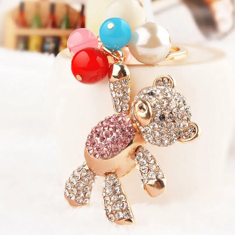Moda rhinestones teddy bear anahtarlık alaşım promosyon glitter kristal teddy bear sevgililer günü için altın Metal anahtar zincirleri