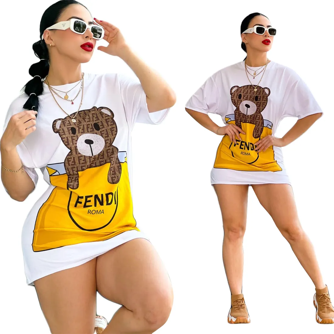 Mini abiti firmati di marca all'ingrosso donna 2022 top bear print fashion casual women t shirt dress
