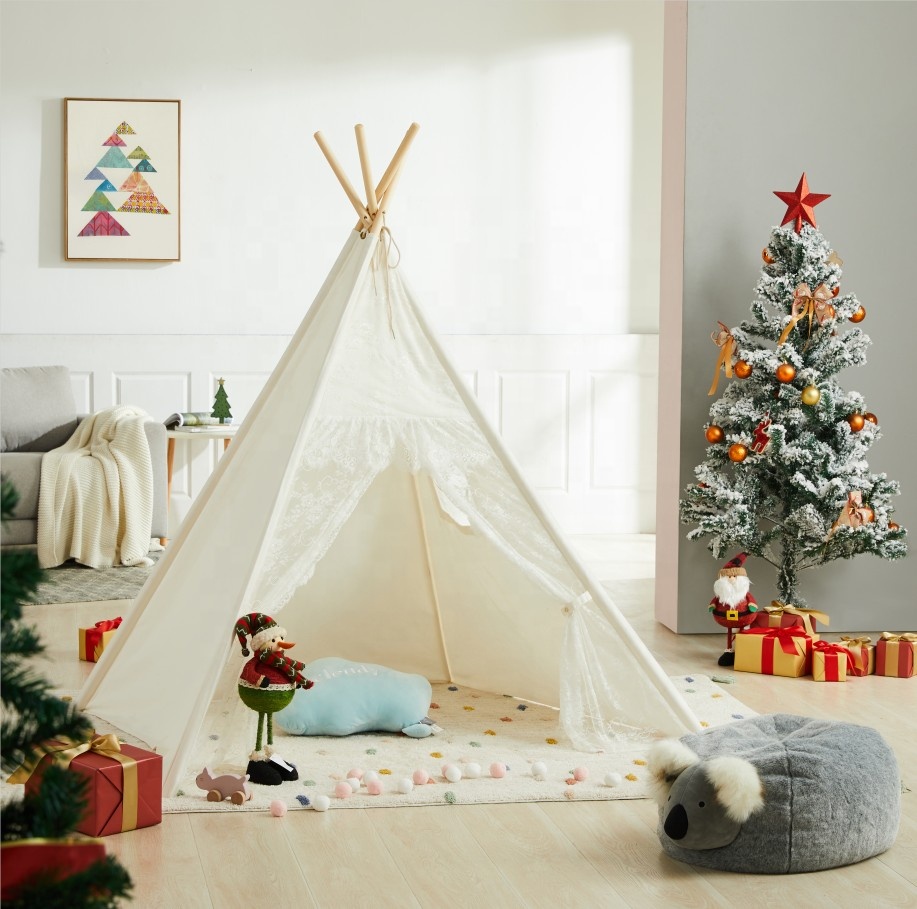 Asweets Tipi en toile de coton blanc pur Tissu doux décoré de dentelle à 4 pôles et matériau en bois pour les jeux d'intérieur des bébés