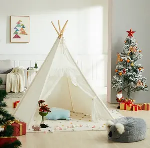 Asweets Puro Algodão Branco Canvas Teepee 4-Pole Lace Decorado Tecido Macio e Material De Madeira para Bebês Indoor Play