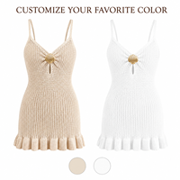 Robe de plage ajourée en maille pour femme, bretelles spaghetti, ornements coquillages, découpe frontale, ourlet à volants, mini-robe de vacances, cache-maillot de bain
