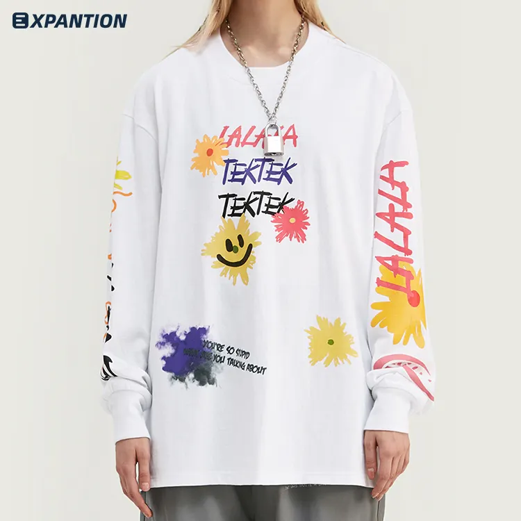 EXP streetwear di alta qualità hippop autunno elegante OEM personalizzato all over stampa graffiti graphic t-shirt manica lunga da uomo
