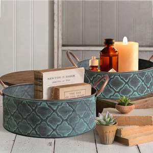 Accueil Hôtels et restaurants Plateau de service à fruits Finition à patine verte Plateau de service galvanisé Design Pastry Display Tray - Product Image 3