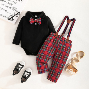 <span class=keywords><strong>Set</strong></span> di Abbigliamento Primaverile e Autunnale per Neonati: Body a Maniche Lunghe con Fiocco + Salopette a Quadri, Completo Elegante per Bambini - Product Image 3