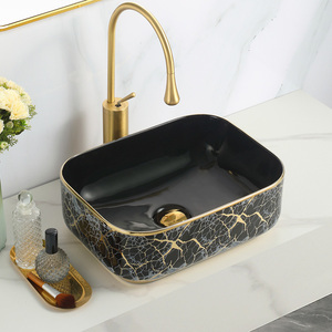 Lavabo de Porcelana de Lujo para Hotel, Rectangular, con Detalles en Dorado, para Colocar <span class=keywords><strong>Sobre</strong></span> la <span class=keywords><strong>Encimera</strong></span>, Lavabo <span class=keywords><strong>Cuadrado</strong></span> - Product Image 3