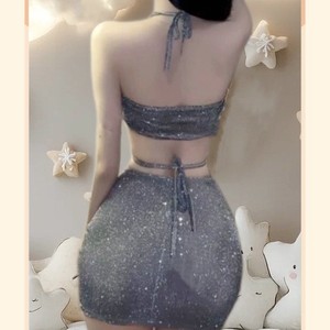 Sexy <b>Sparkly</b> Cutout <b>Mini</b> Nightgown Women's Bodycon Dress Silver Sleeveless Knitted Sleepwear 8157 - Product Image 2