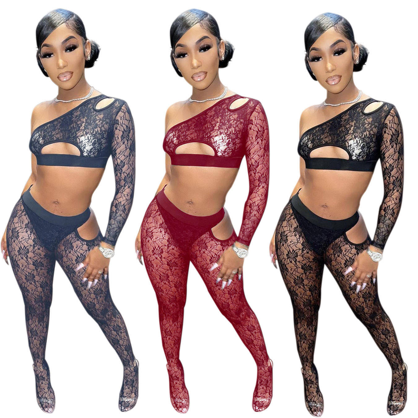 Women Lace Clubwear One Shoulder Hollow Out Crop Top See Through Sexy Lingerie 2 Piece Set