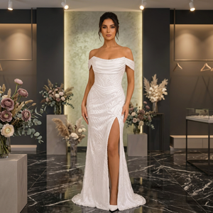 Robe de mariée vintage élégante à perles, coupe trapèze, décolleté sans bretelles, longueur ras du sol, en tulle, taille naturelle, broderie de cristaux, satin - Product Image 5
