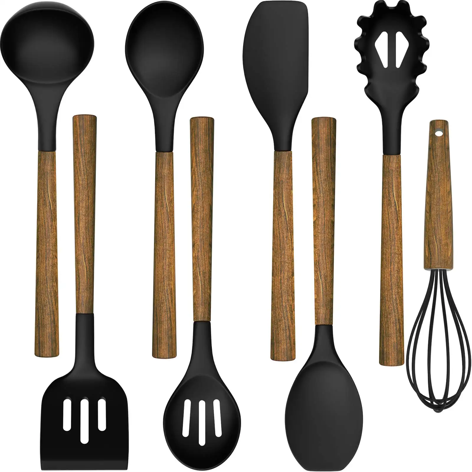 Set peralatan masak barbekyu memanggang, peralatan masak silikon kayu kayu portabel dapur rumah tidak lengket
