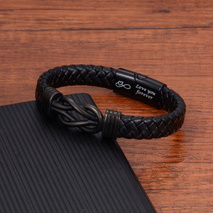 Black <b>Leather</b> Stainless Steel <b>Bracelet</b> Magnetic Twist Men's Everyday Wear 7.5 8.5 9 Inches Yiwu Origin - Product Image 3