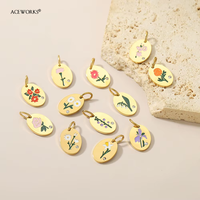 Charmes de fleurs de naissance |   Pendentifs ovales en émail plaqué or 18 carats PVD en acier inoxydable avec cristal pour la fabrication de bijoux DIY