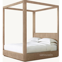 Cadre de lit plateforme minimaliste en chêne massif cannelé, lit à baldaquin moderne taille King pour la maison et l'hôtellerie