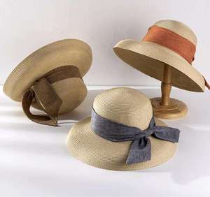 Gentle Ladies Floppy <b>Straw</b> Bucket <b>Hat</b> Synthetic <b>Summer</b> Beach Vacation <b>Hat</b> with Ribbon Wholesale for Travel Scenes - Product Image 1
