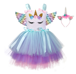 Nuovo arrivo fiore ragazze Tulle Tutu <span class=keywords><strong>abito</strong></span> <span class=keywords><strong>principessa</strong></span> festa di compleanno unicorno <span class=keywords><strong>abito</strong></span> con ali fiore con fascia - Product Image 1