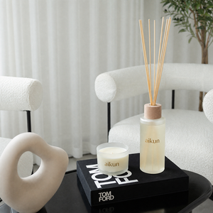 Aikun Frosted Cylindrical Glass Wooden Cap Natural Rattan Round Jar Fragrance <b>Reed</b> <b>Diffuser</b> And Scented Candle Set <b>for</b> Bedroom - Product Image 2
