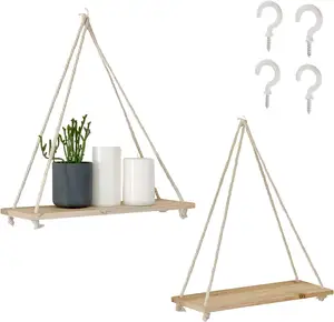 Moderne Hangende Planken In Boerderijstijl Set Van 2 Houten Driehoekige Muurvazen Met Macrame-Touwhaken Voor Huisdecoratie