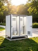 Vente en gros usine : Toilettes mobiles portables modulaires à double cabine en panneaux sandwich pour extérieur, avec deux cuvettes