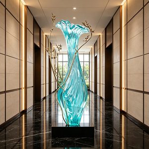 <span class=keywords><strong>Vase</strong></span> Sculpté Artistique en Résine Transparente Turquoise Grande Taille sur Mesure (OEM) avec Branches Métalliques Dorées Forme Irrégulière pour Hall d'Hôtel - Product Image 4