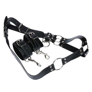 Men Sexy Leather Bondage <b>Suspender</b> Black Low Rise With Cuffs And Chains For Adult Romantic Use - Product Image 4