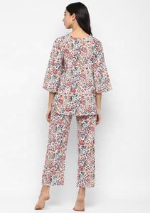Flora Look Multi Colored Hand Block Floral Printed Soft Cotton Loose Fit Night Suit Designed For Comfortable Sleep - Product Image 3