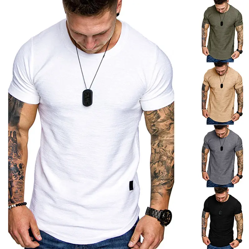 Camiseta de algodón con etiqueta de cuero para hombre, Logo personalizado curvo, dobladillo redondo, vieiras, suela plana, Supima bambú, Slub