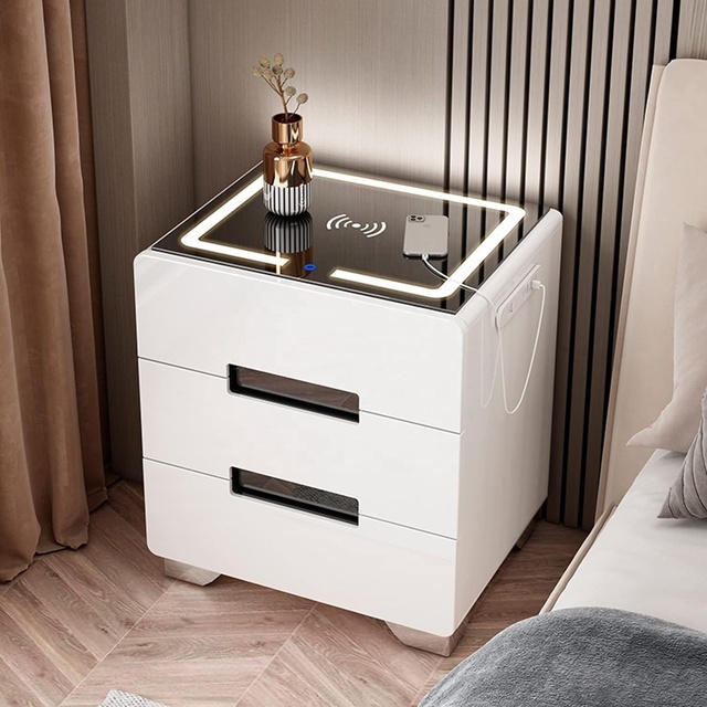 NOVA Smart Nightstand 3 Drawers Wireless Charger LED Light Bluetooth Speaker Fingerprint Lock-Modern Solid Wood Bedroom Dining