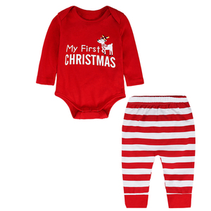 Ensemble de vêtements de Noël pour bébé en coton, vêtements pour nouveau-né, 2 pièces, combinaison à manches longues rouge avec pantalon rayé, tenue de fête pour bébé - Product Image 2