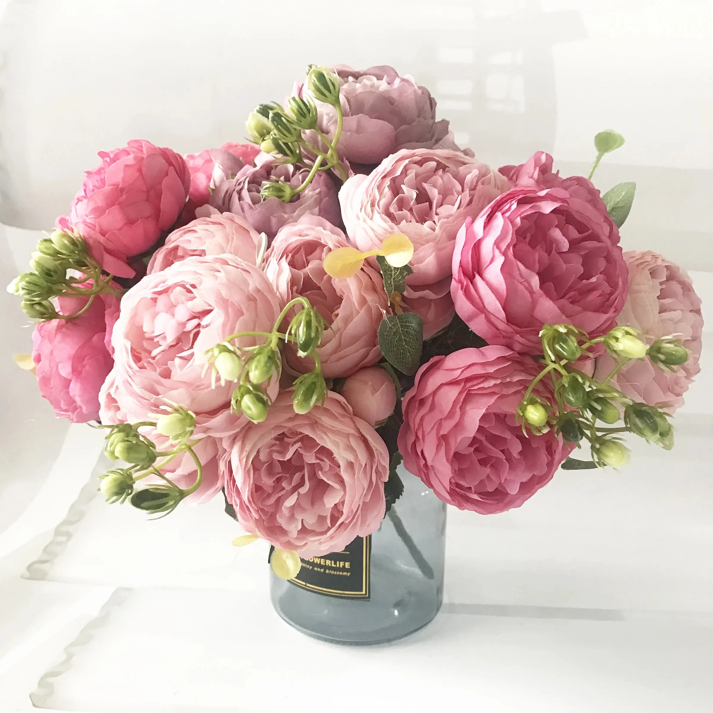 30cm Rose Pink Silk Peony Artificial Flowers Bouquet 5 Big Head and 4 Bud Cheap Fake Flowers for Home Indoor Wedding Decoration