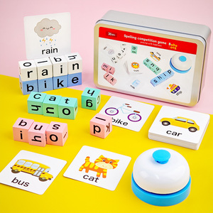 Gioco per Bambini con Blocchi di Legno e Carte con <span class=keywords><strong>Parole</strong></span> in Inglese, <span class=keywords><strong>Puzzle</strong></span> di <span class=keywords><strong>Parole</strong></span> in Legno, Cubo Cambia-Faccia, Gioco da Tavolo Multiplayer - Product Image 2