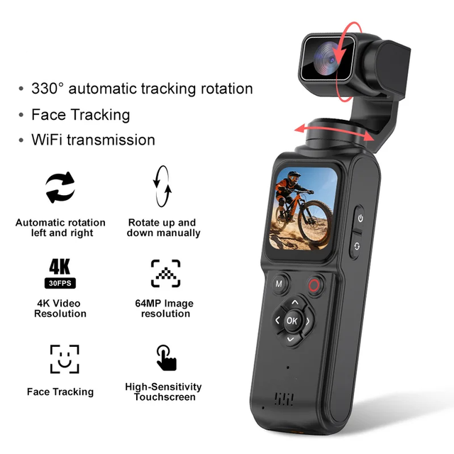 AT-M105 High-definition 4K Handheld Action Camera, Pocket Gimbal Vlog Camcorder, Supports Multiple Languages